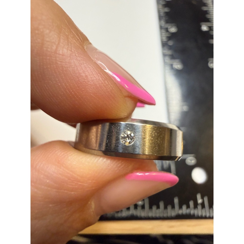 Mens Stainless Steel Beveled Edge Band Ring Clear CZ Accent Sz 7.25 Silver Tone